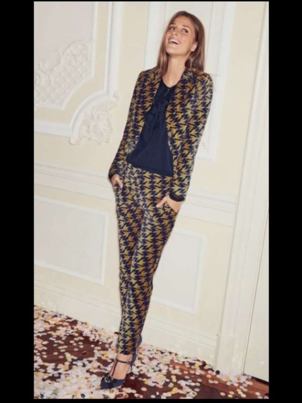 Boden Navy Gold Velvet Blazer & Straight Leg Pants Sz 8R Blazer, Sz 6R Pant